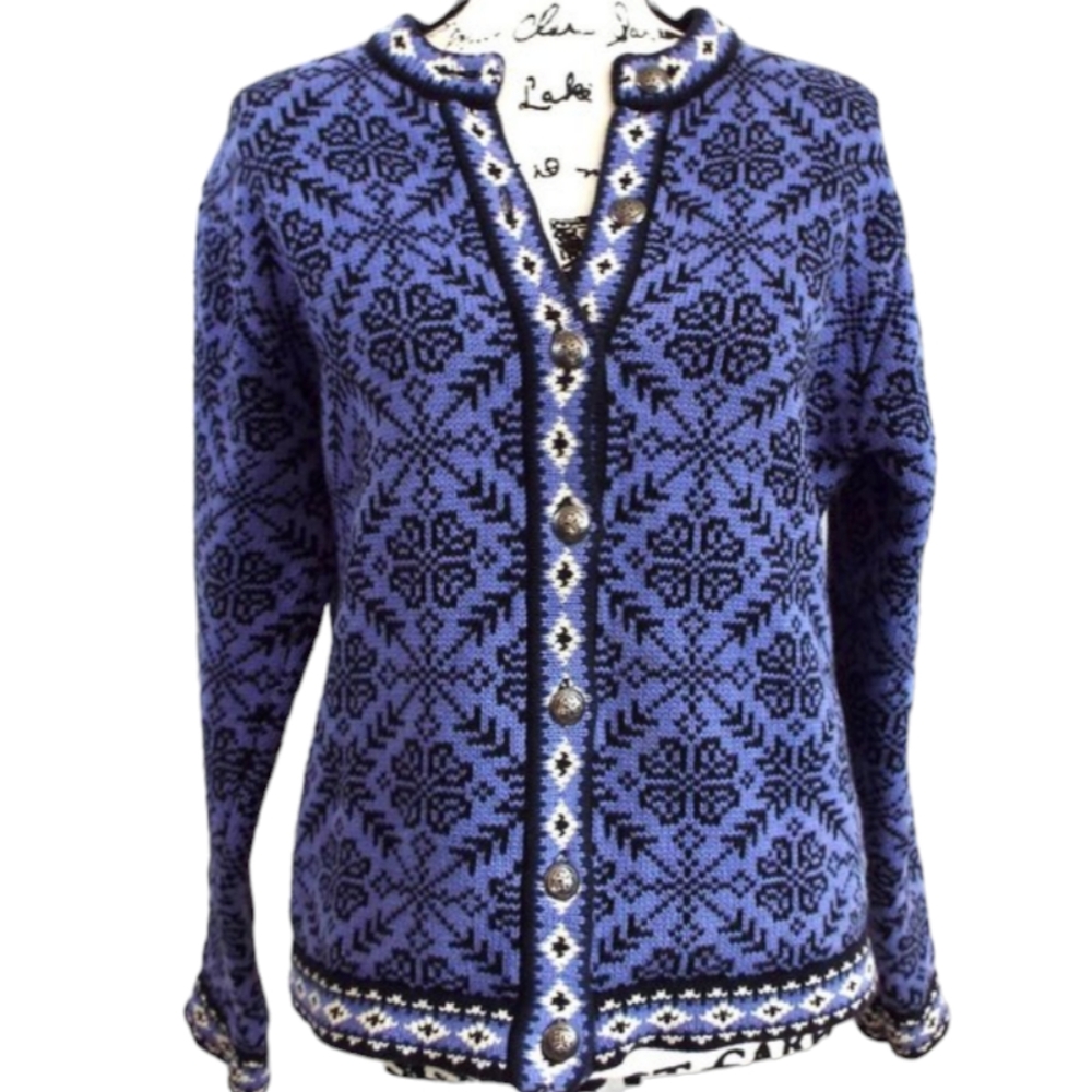 L.L. Bean Vintage Nordic Fair Isle Long Sleeve Purple Cardigan Sweater Size Med